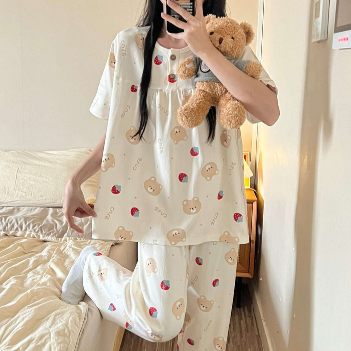 Cotton Three-piece Pajamas Women Spring Summer Set matching shorts.