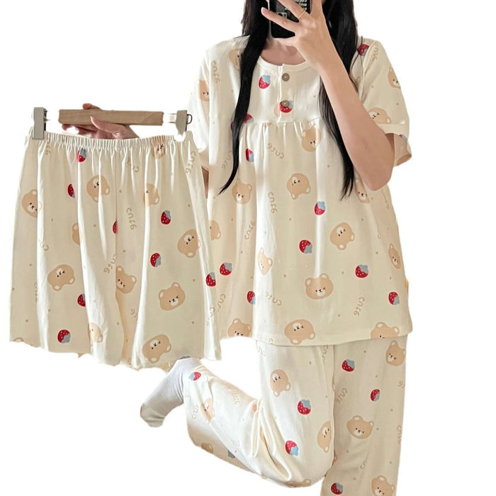 Cotton Three-piece Pajamas Women Spring Summer Set M size 100cm chest.