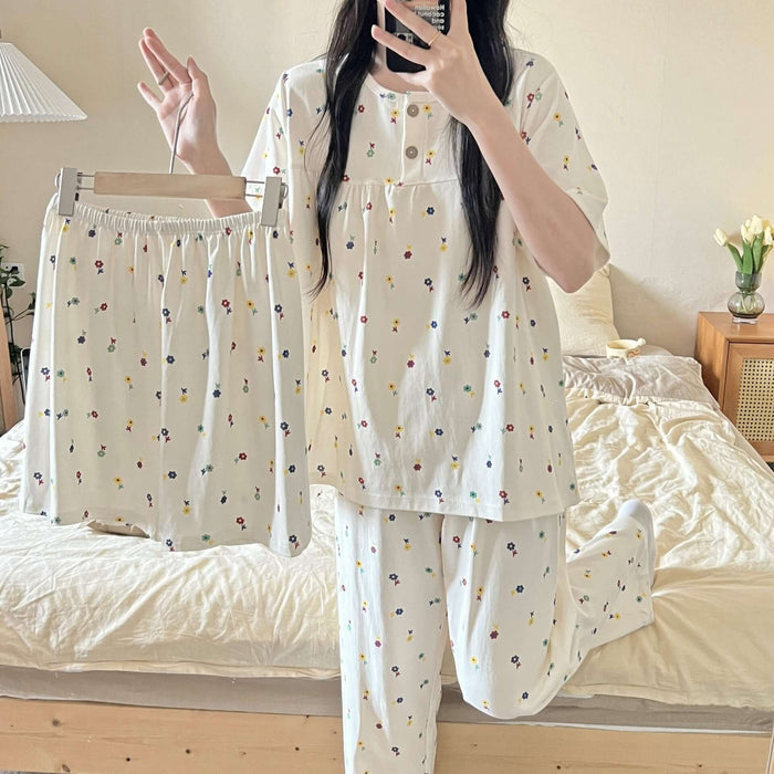 Cotton Three-piece Pajamas Women Spring Summer Set 2XL size 108cm hips.
