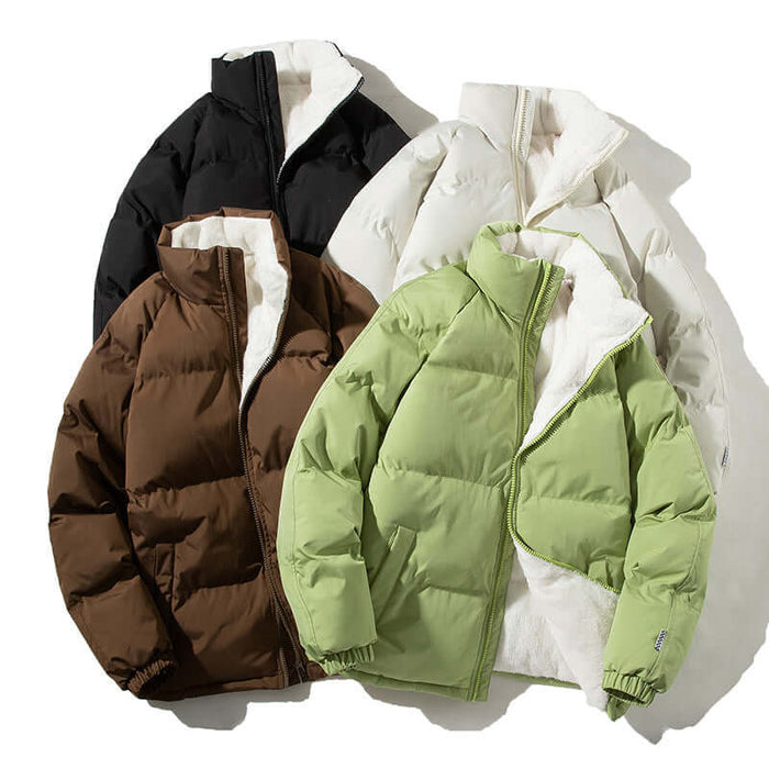 Couples Stand-up Collar Coat Winter Warm Plush Jacket black color option.