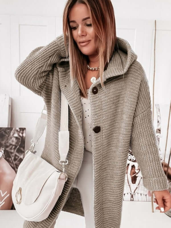 Cozy Loose Hooded Knitted Cardigan Sweater for Women side angle