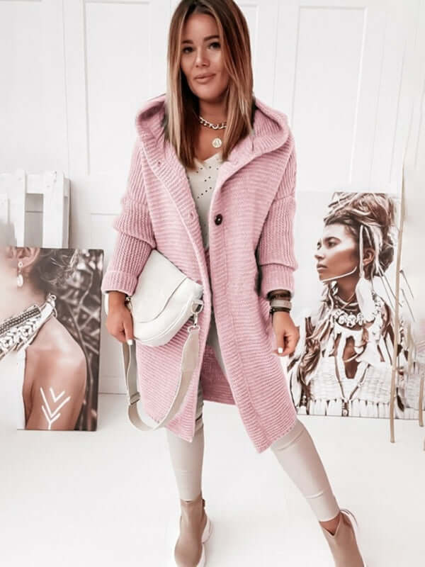 Cozy Loose Hooded Knitted Cardigan Sweater for Women knit texture