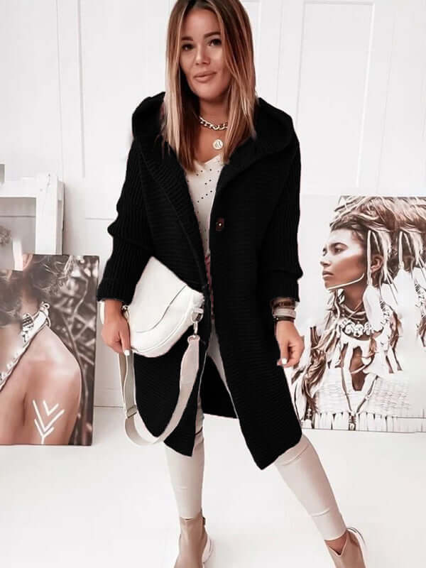 Cozy Loose Hooded Knitted Cardigan Sweater for Women fabric closeup