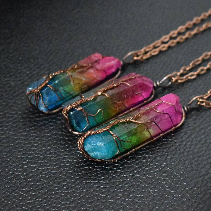 Crystal Tree of Life Stone Pendant Necklace full view