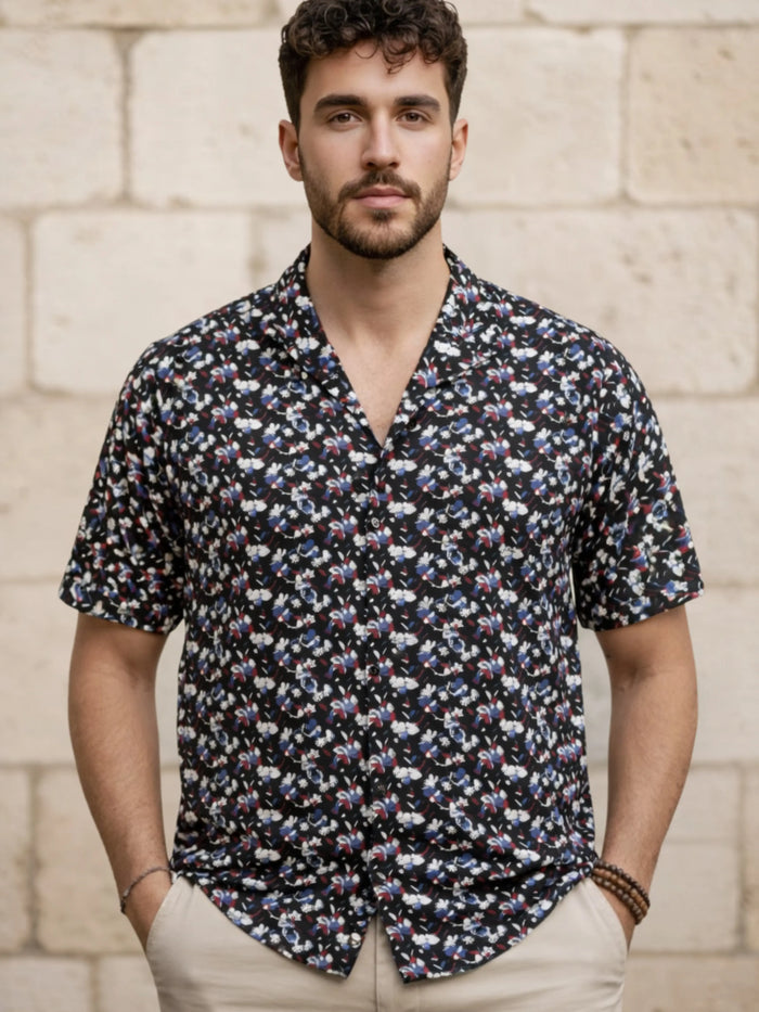 Cuban Collared Oversized Floral Printed Navy Shirt LEON