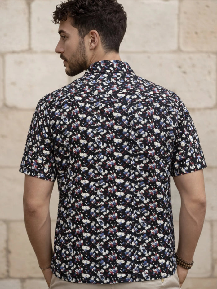Cuban Collared Oversized Floral Printed Navy Shirt LEON