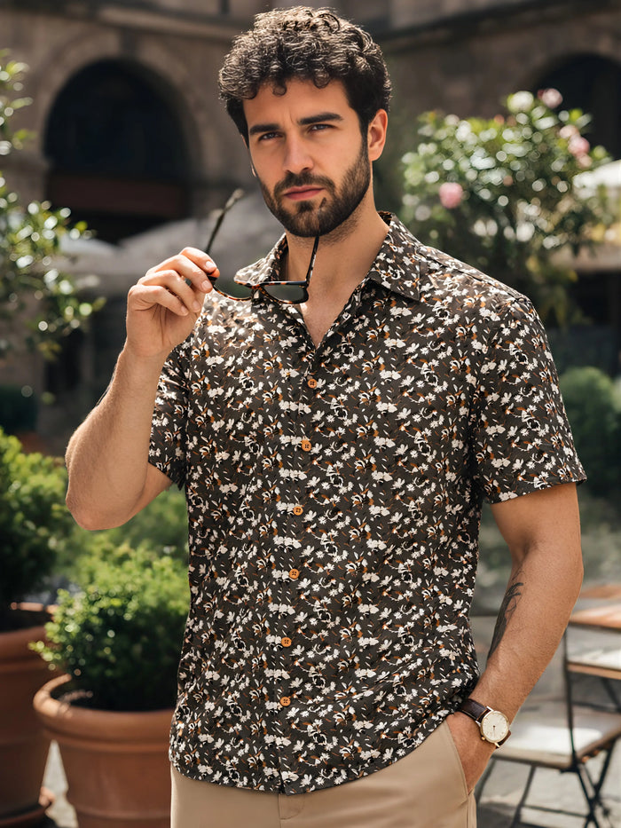 Cuban Collared Oversized Floral Printed Olive Green Shirt LEON