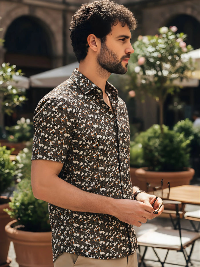 Cuban Collared Oversized Floral Printed Olive Green Shirt LEON