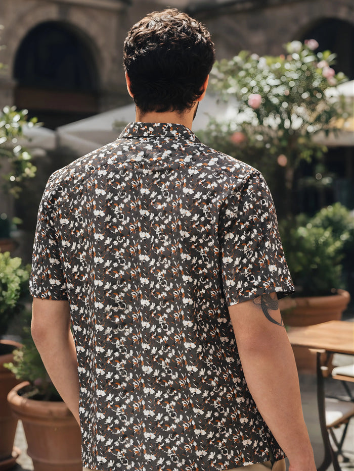 Cuban Collared Oversized Floral Printed Olive Green Shirt LEON
