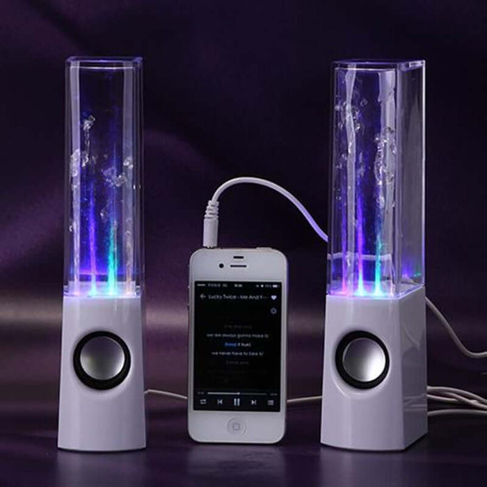 Dancing Water Speaker LED Light Fountain Speaker Party with colorful water jets and connected smartphone.