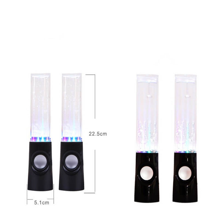 Dancing Water Speaker LED Light Fountain Speaker Party with colorful LED lights and dimensions displayed.