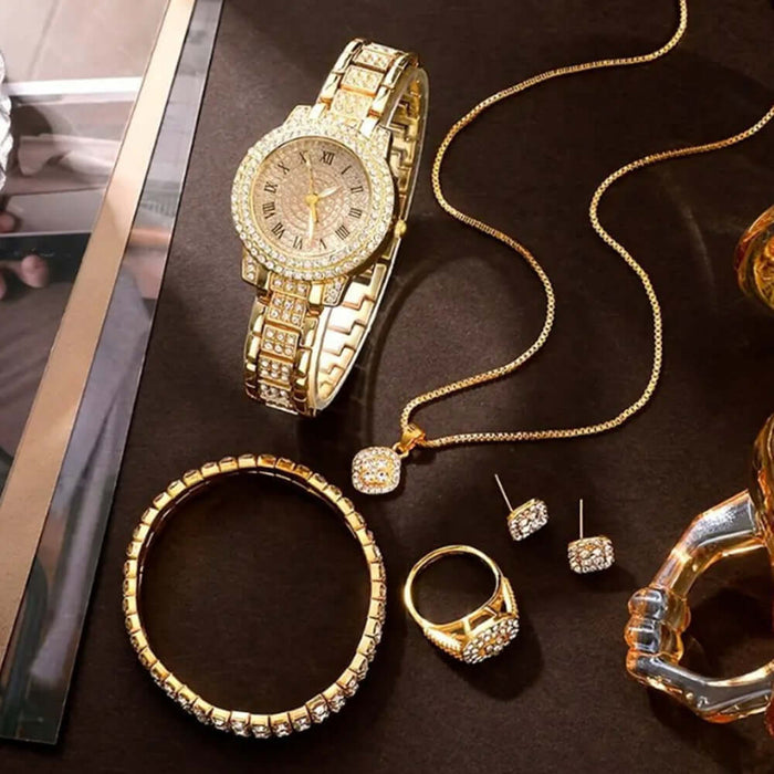 Diamond Studded Watch Set silver steel link design.