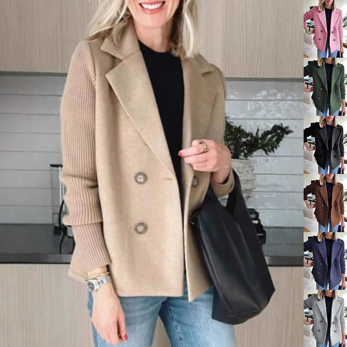 Double Breasted Lapel Jacket Knitted Sleeve Coat black design.