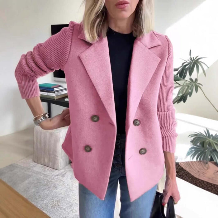 Double Breasted Lapel Jacket Knitted Sleeve Coat unique splicing.