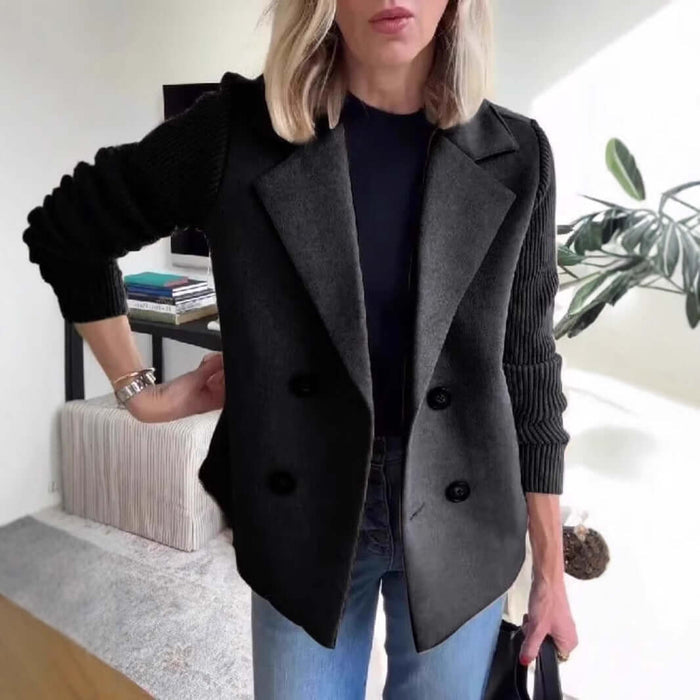 Double Breasted Lapel Jacket Knitted Sleeve Coat khaki outerwear.