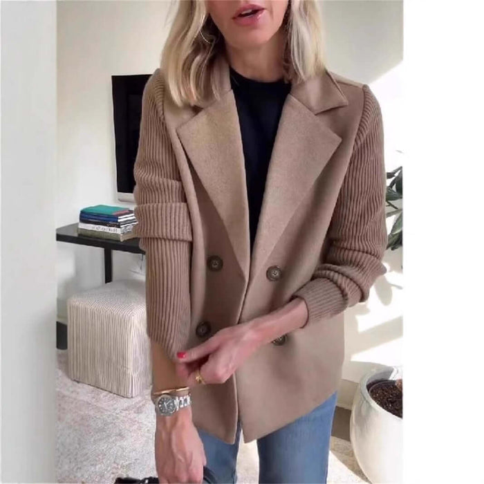 Double Breasted Lapel Jacket Knitted Sleeve Coat navy blue coat.