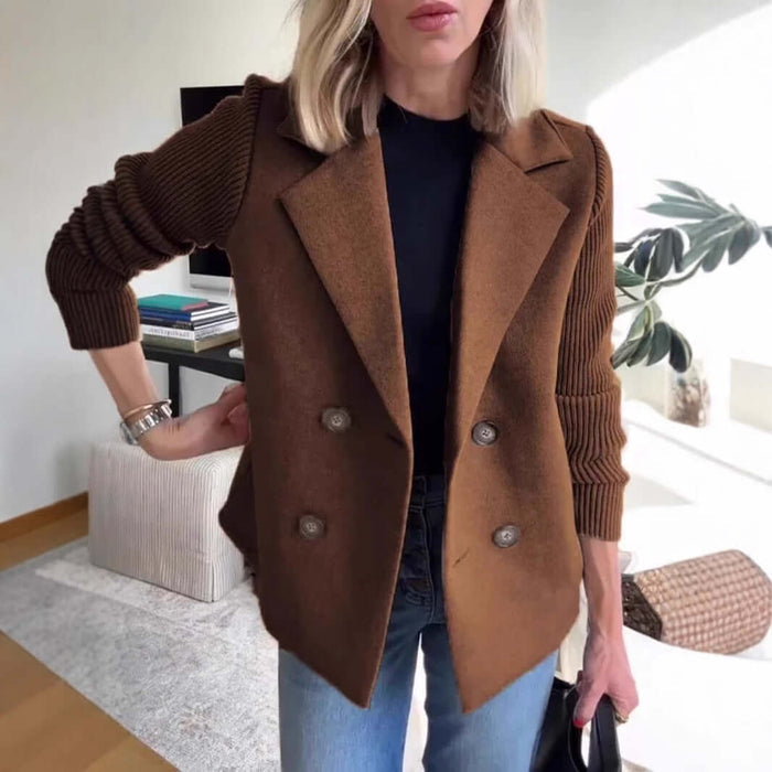 Double Breasted Lapel Jacket Knitted Sleeve Coat polyester fabric.