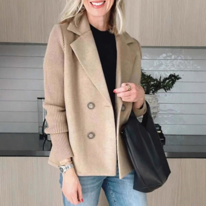 Double Breasted Lapel Jacket Knitted Sleeve Coat dark green jacket.