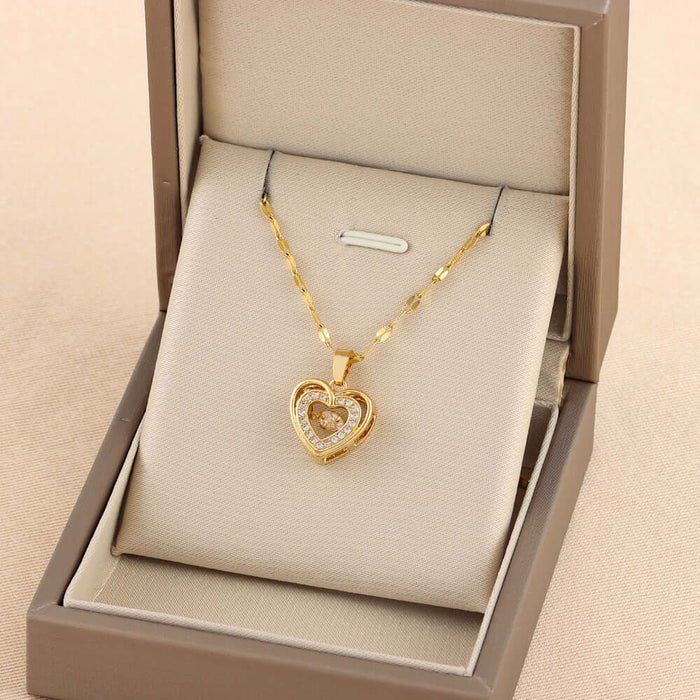 Double-layer Love Necklace With Rhinestones Pendant displayed in a jewelry box with beige lining.