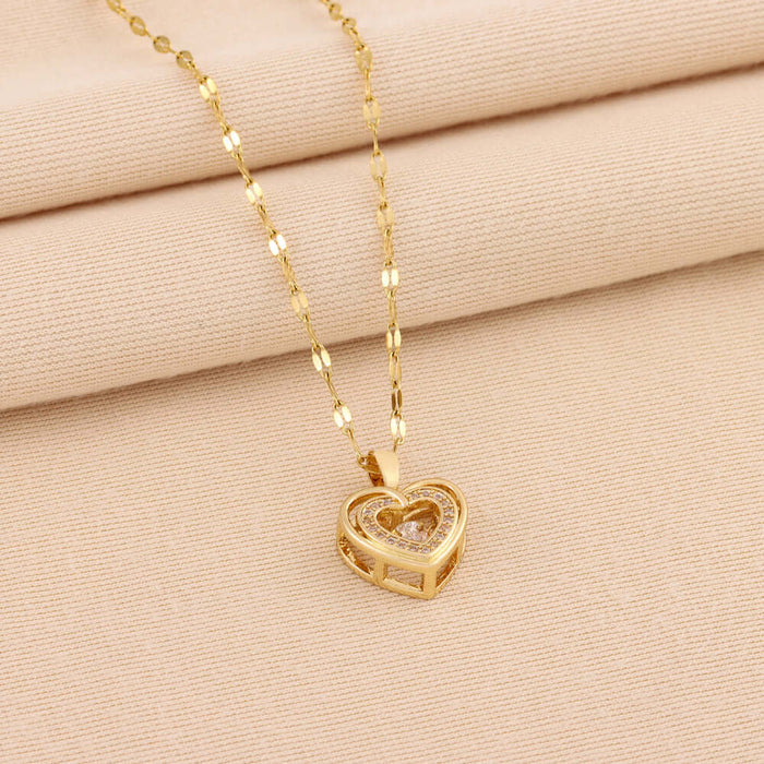 Double-layer Love Necklace With Rhinestones Pendant on a soft beige background.
