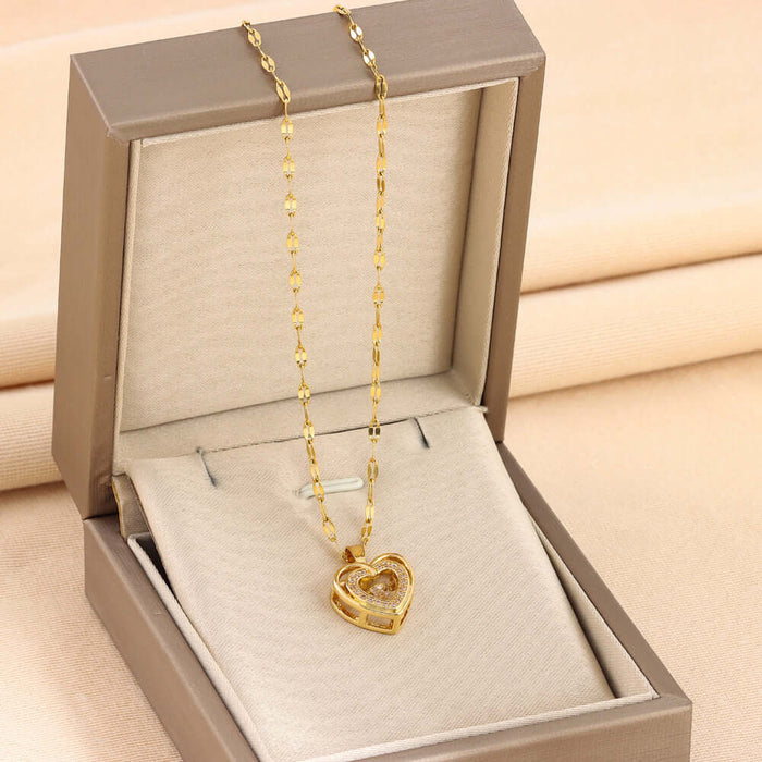 Double-layer Love Necklace With Rhinestones Pendant in a gift box, showcasing a heart-shaped design with sparkling details.