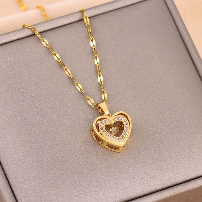 Double-layer Love Necklace With Rhinestones Pendant showcasing a gold heart pendant on a delicate chain.