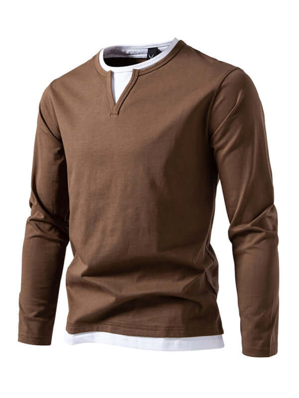Double Layer V Neck Long Sleeve T Shirt for Men V-neck detail
