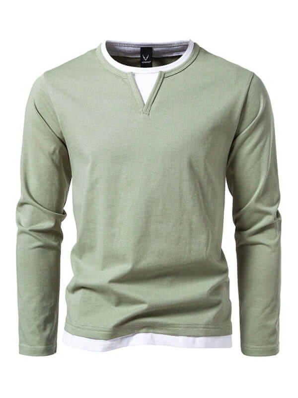 Double Layer V Neck Long Sleeve T Shirt for Men layered effect