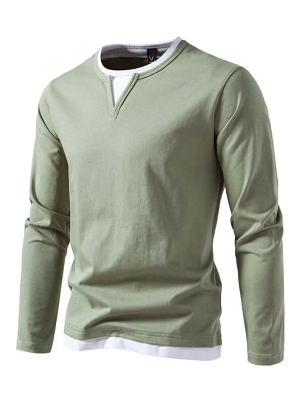 Double Layer V Neck Long Sleeve T Shirt for Men cotton fabric texture