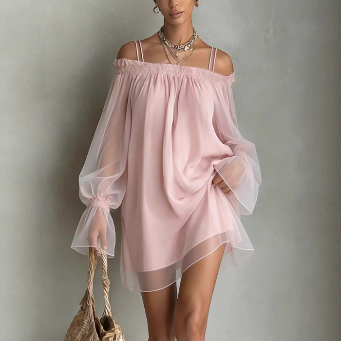 Double Strap Off Shoulder Fairy Mini Dress highlighting the unique avant garde asymmetric skirt drape