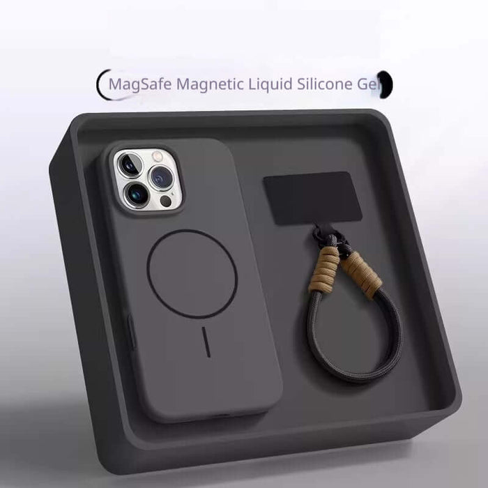 Drop-Proof Lanyard Magnetic Liquid Silicone Phone Case with attached lanyard holder on a display tray.