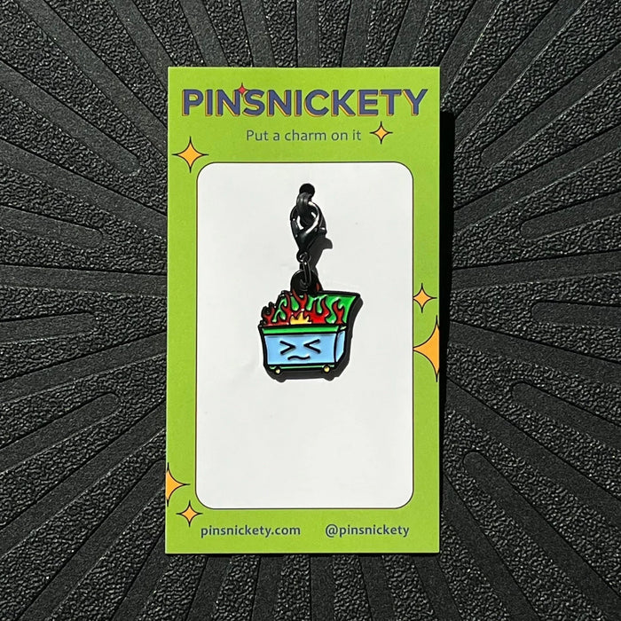 pinsnickety dumpster fire braid and bridle charm on a black background
