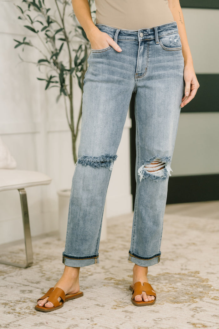 Elaine Mid Rise Boyfriend with Distress & Cuff Jeans Ave Shops- Tilden Co.