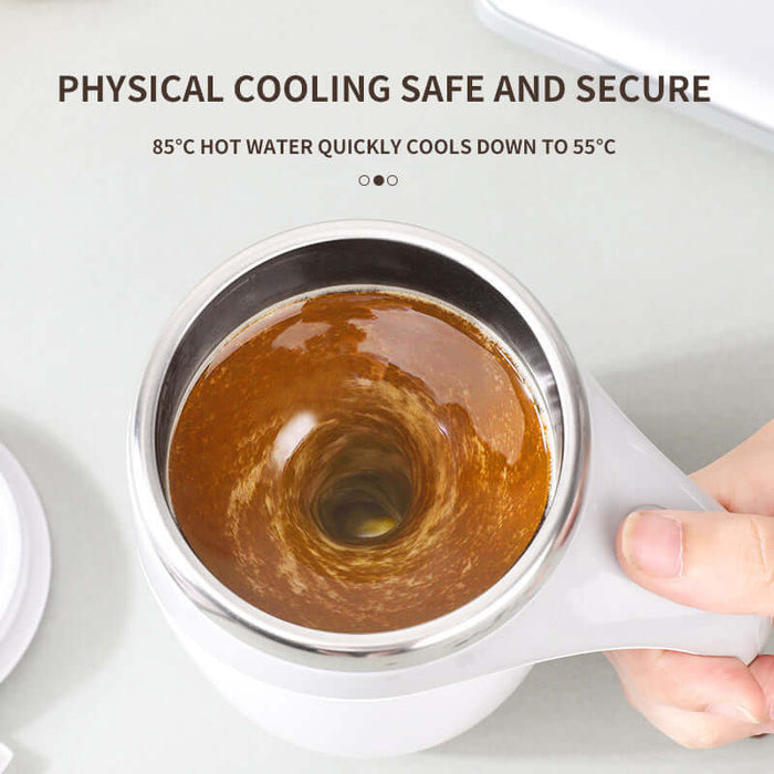 alt="electric self-stirring coffee mug rechargeable magnetic cup stainless steel interior"