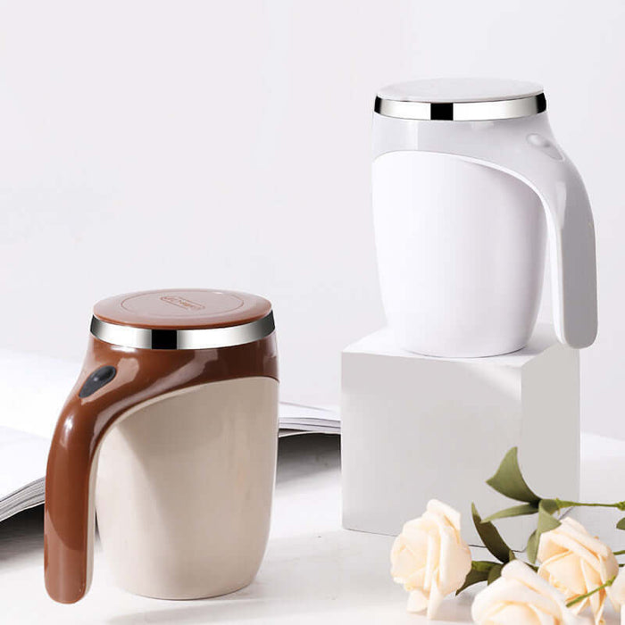 alt="electric self-stirring coffee mug rechargeable magnetic cup USB charging cable"