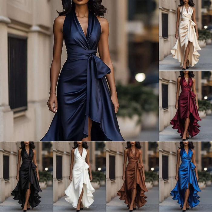 Elegant Deep V Neck Irregular Ruffled Evening Party Dress in multiple colors including navy blue, black, white, and burgundy.