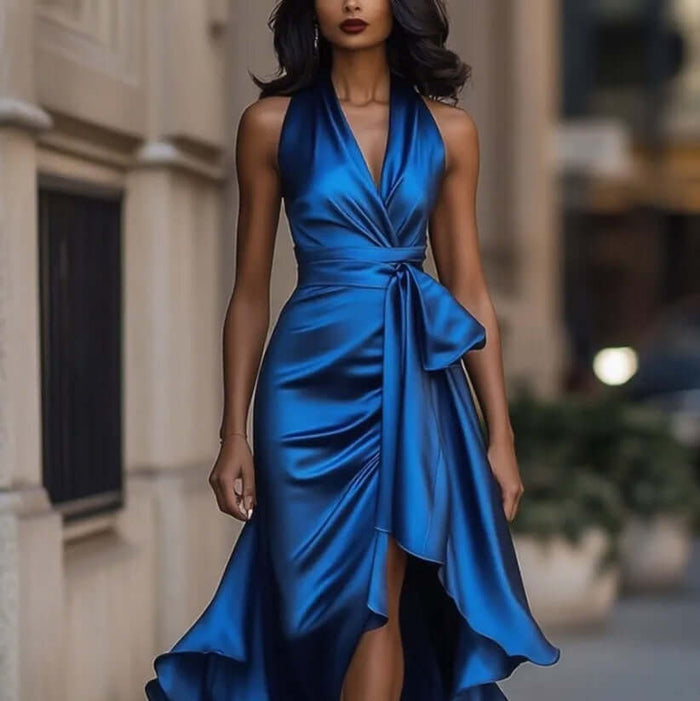 Elegant Deep V Neck Irregular Ruffled Evening Party Dress in a beautiful blue color, showcasing a stylish flowing silhouette.
