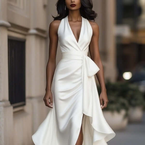 Elegant Deep V Neck Irregular Ruffled Evening Party Dress model showcasing a stylish white gown in an urban setting.