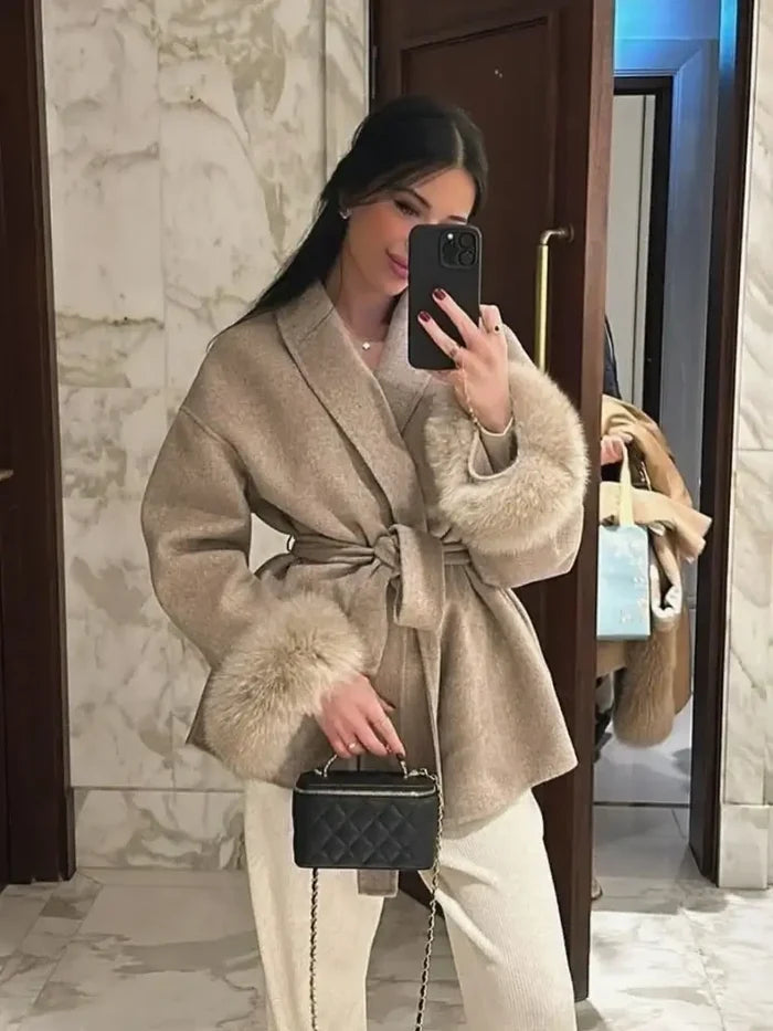 Elegant Lace Up Woolen Overcoat Women front view