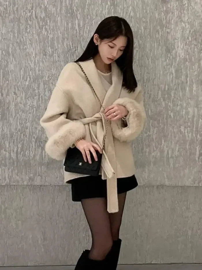 Elegant Lace Up Woolen Overcoat Women V neck design