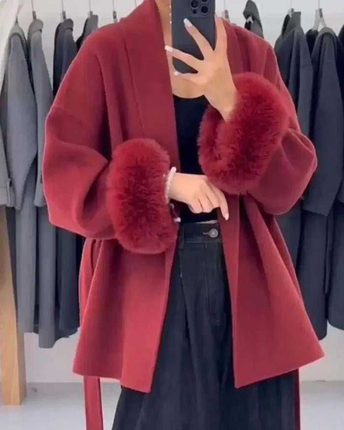 Elegant Lace Up Woolen Overcoat Women streetwear outfit