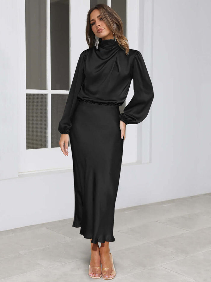 Elegant Satin Long-sleeved Halterneck Formal Evening Dress size M bust 100cm.