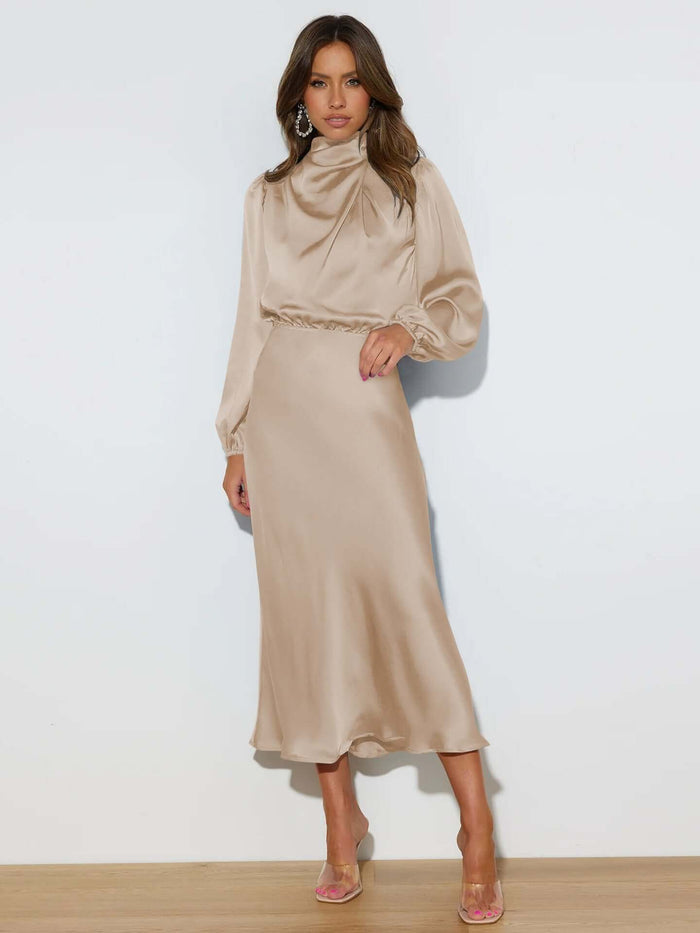 Elegant Satin Long-sleeved Halterneck Formal Evening Dress size L waist 73cm.