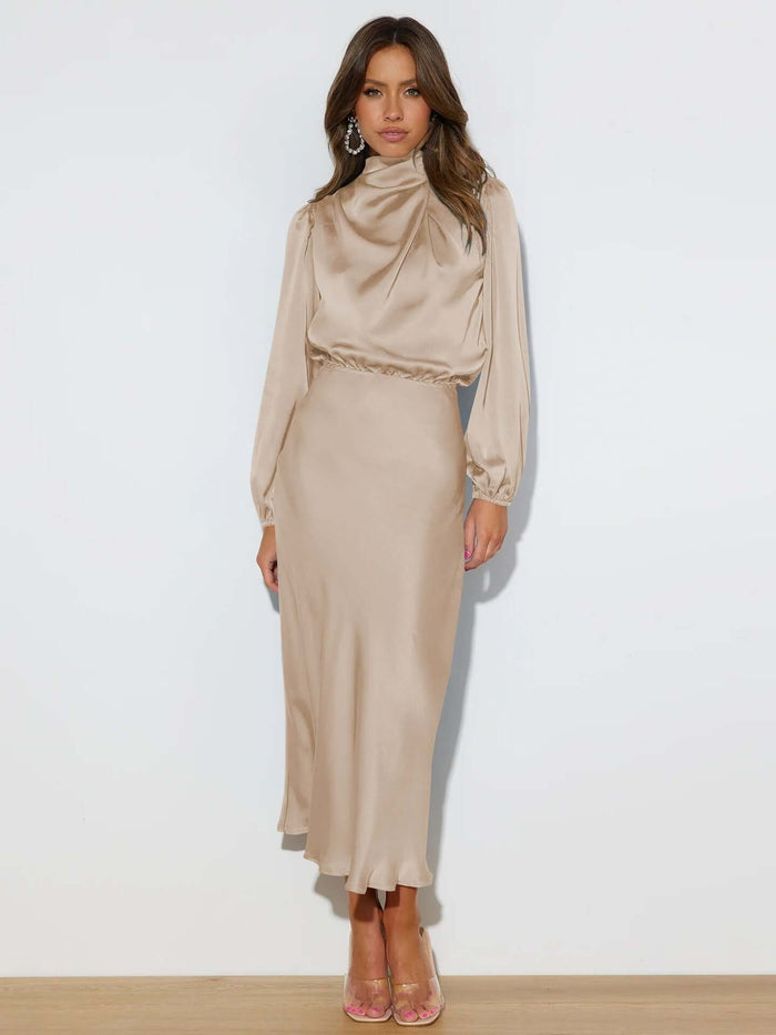 Elegant Satin Long-sleeved Halterneck Formal Evening Dress size XL hip 120cm.