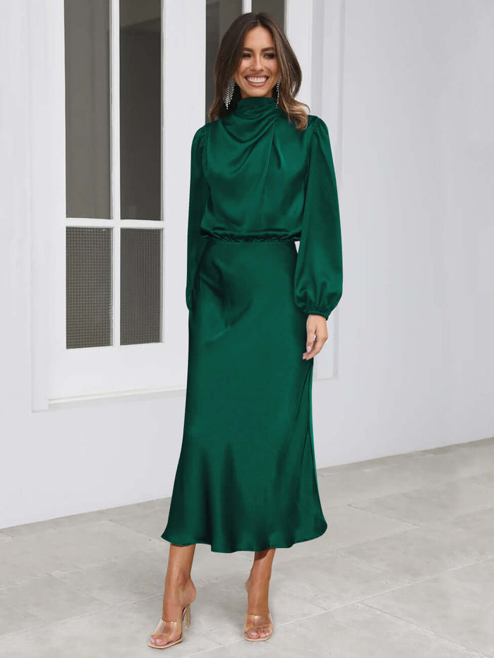Elegant Satin Long-sleeved Halterneck Formal Evening Dress matte satin fabric.