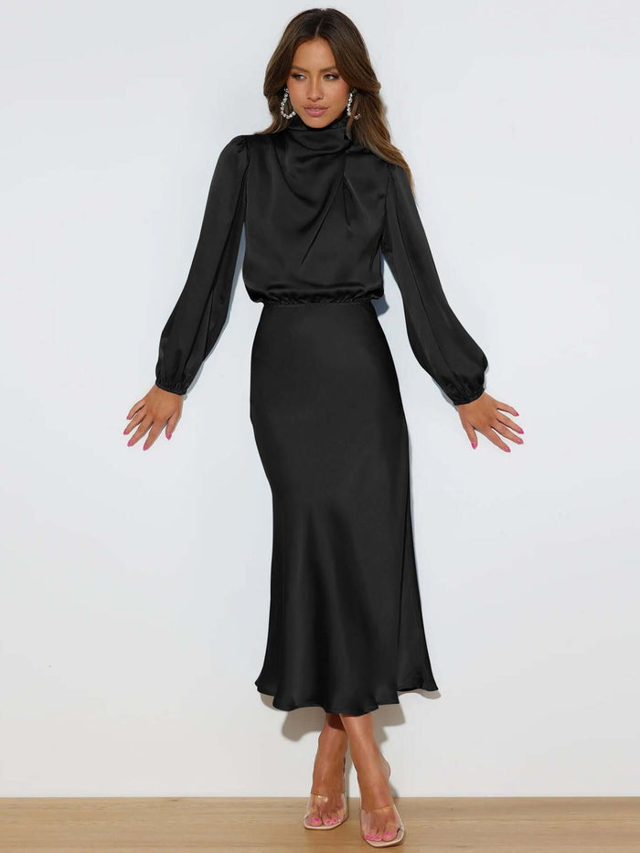 Elegant Satin Long-sleeved Halterneck Formal Evening Dress lantern sleeve design.
