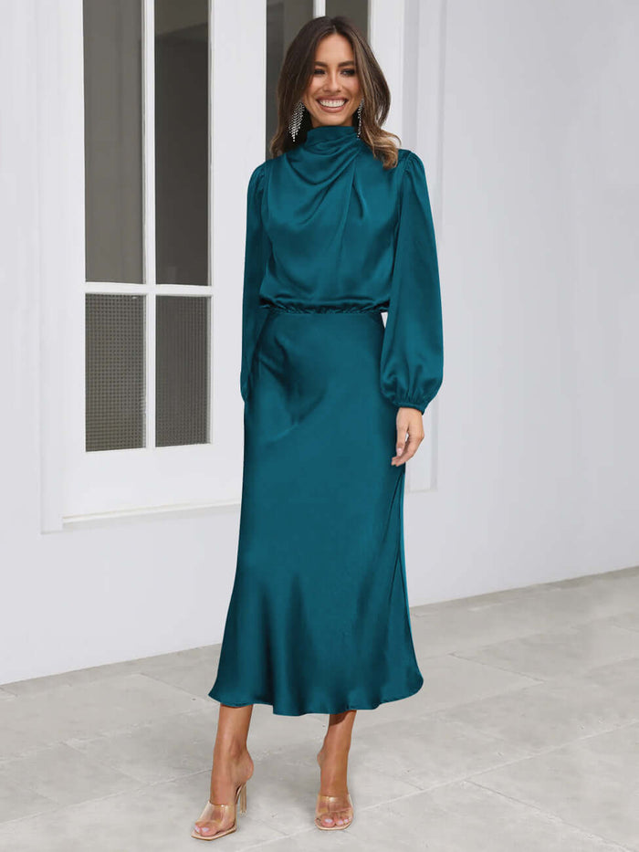 Elegant Satin Long-sleeved Halterneck Formal Evening Dress elastic waist fit.