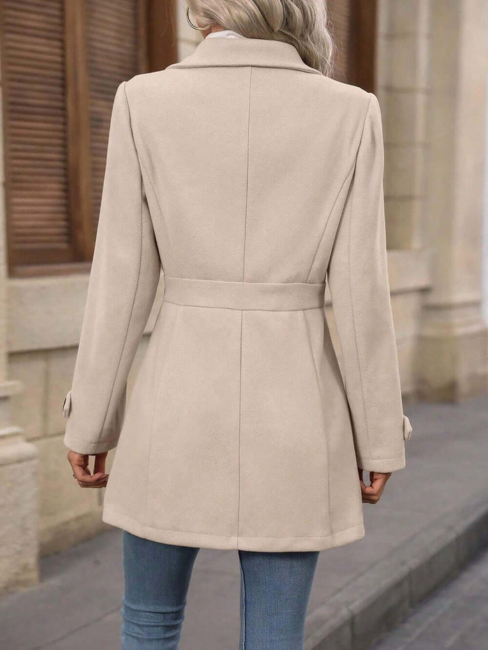 Elegant Single Breasted Woolen Coat khaki lapel buttons.