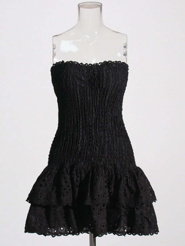 Elegant Strapless Embroidered Ruffle Hem Short Dress for Women back view
