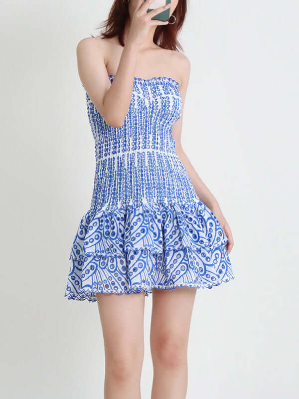 Elegant Strapless Embroidered Ruffle Hem Short Dress for Women side angle